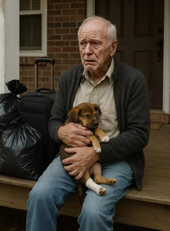 Je suis arrivée à la véranda de mon grand-père, pensant lui faire une surprise, mais il était assis sur les marches avec une valise et un chiot dans la main