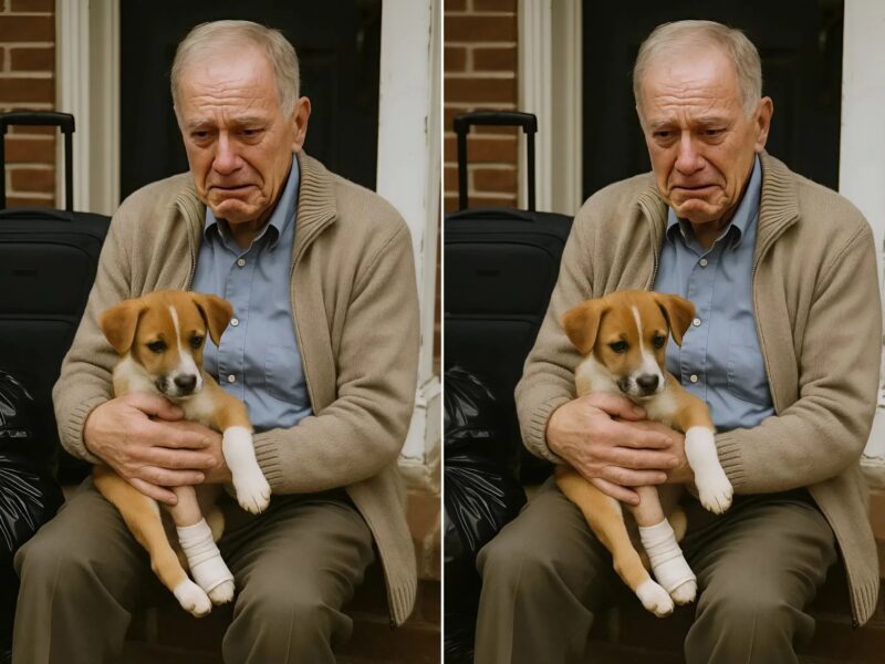 Je suis arrivée à la véranda de mon grand-père, pensant lui faire une surprise, mais il était assis sur les marches avec une valise et un chiot dans la main