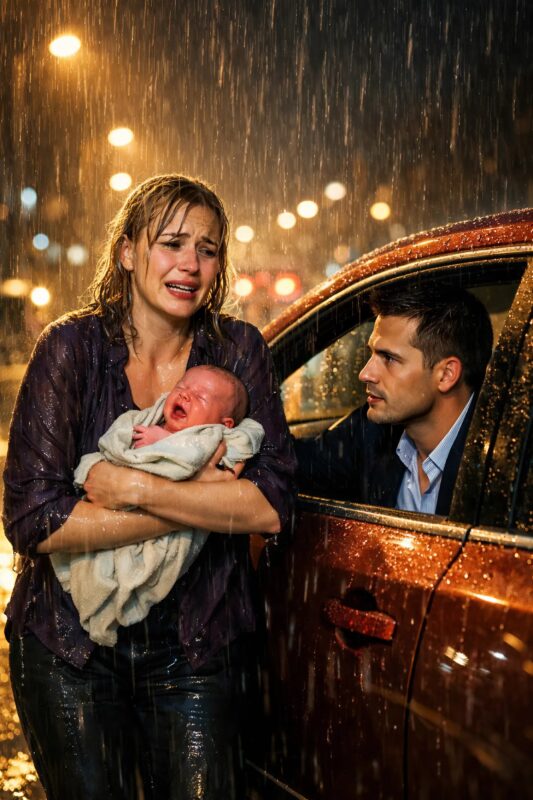 «S’il vous plaît… ma fille ne va pas bien. Conduisez-nous juste un peu…» Le millionnaire refusa froidement d’aider la femme avec le bébé sous la pluie torrentielle et, sans hésiter, la laissa seule dans la rue…