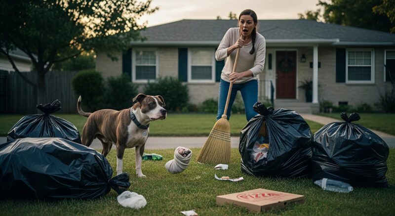J’ai brandi le balai pour chasser le pitbull agaçant qui fouillait les poubelles dans ma cour, mais quand j’ai vu ce qu’il avait sorti du sac noir, mon sang s’est glacé dans mes veines — ce cauchemar me hante encore dans mes rêves