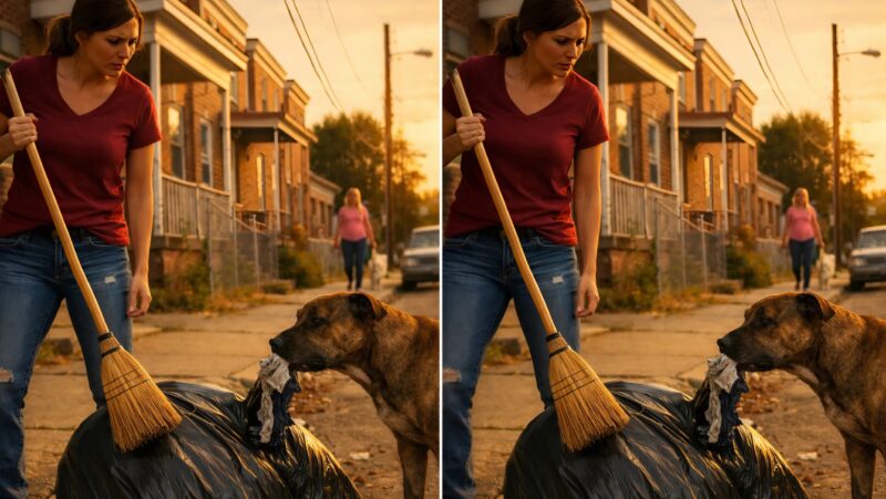 J’ai brandi le balai pour chasser le pitbull agaçant qui fouillait les poubelles dans ma cour, mais quand j’ai vu ce qu’il avait sorti du sac noir, mon sang s’est glacé dans mes veines — ce cauchemar me hante encore dans mes rêves