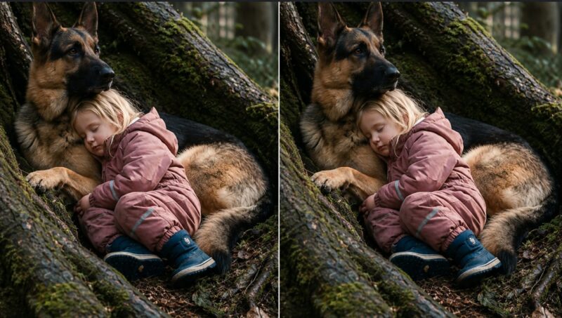 La petite fille se perdit dans la forêt et, lorsqu’elle s’allongea épuisée à côté du chien, un énorme loup sortit de l’obscurité vers eux… Et ce qui se passa ensuite fut plus tard raconté avec horreur par toute l’équipe de recherche…