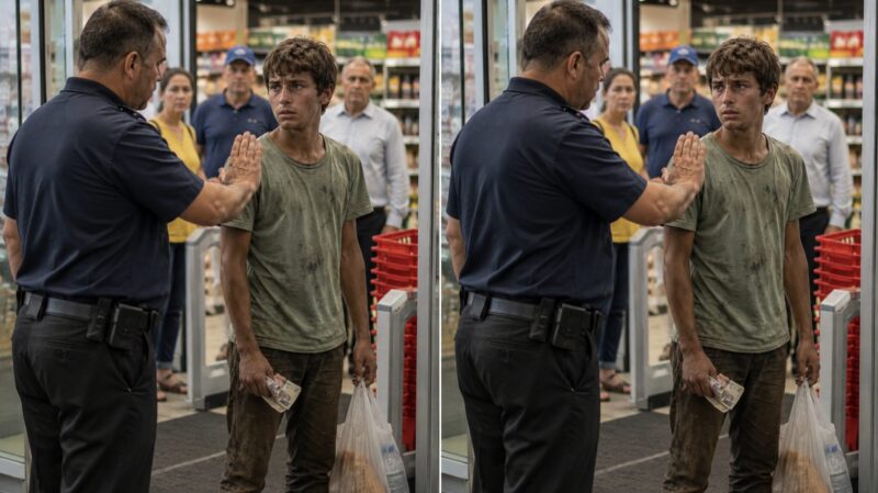 « Hé, petit, où crois-tu aller habillé comme ça ? Ici, c’est un supermarché, pas un chantier ! » lança sèchement l’agent de sécurité
