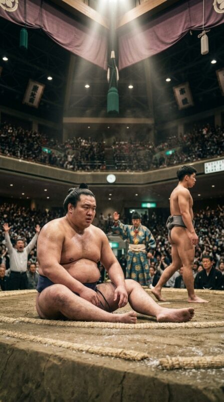 Un lutteur de sumo gigantesque et arrogant tentait d’intimider et d’humilier son jeune adversaire directement sur le dohyō, en affichant devant le public son incroyable puissance