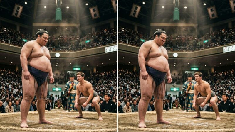 Un lutteur de sumo gigantesque et arrogant tentait d’intimider et d’humilier son jeune adversaire directement sur le dohyō, en affichant devant le public son incroyable puissance