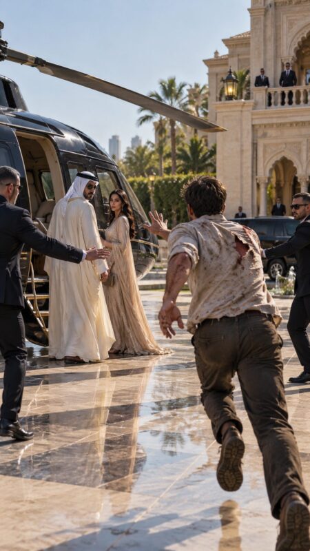 Le cheikh et sa femme étaient sur le point de monter dans l’hélicoptère lorsqu’un jeune mécanicien, se frayant un passage à travers les agents de sécurité, se précipita vers eux en criant désespérément