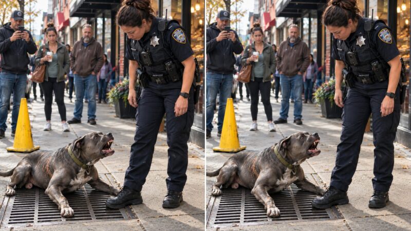 Un pitbull gris a grogné pendant des heures contre les personnes qui essayaient de passer sur le trottoir ou de s’approcher d’une grille au sol