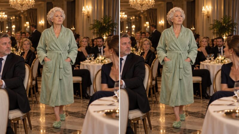 Lors de la grande fête organisée pour mon fils, les invités s’amusaient et levaient leurs verres jusqu’au moment où je suis entrée dans un restaurant luxueux, vêtue d’une vieille robe de chambre et de pantoufles d’intérieur ornées de pompons verts