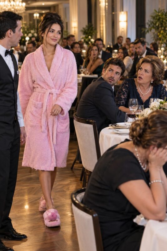 Lors de la grande fête organisée pour mon fils, les invités s’amusaient et levaient leurs verres jusqu’au moment où je suis entrée dans un restaurant luxueux, vêtue d’une vieille robe de chambre et de pantoufles d’intérieur ornées de pompons verts